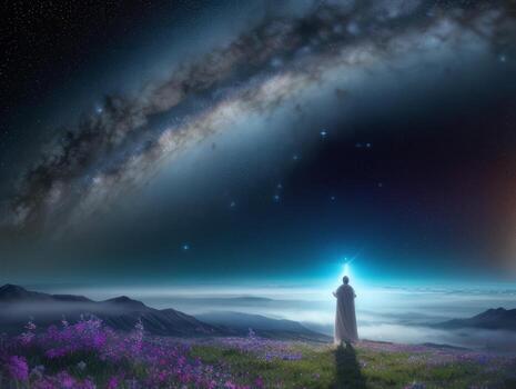 AI generated Surreal Landscape With Field and Nature Looking at the Celestial Starry Sky Majestic Background photo