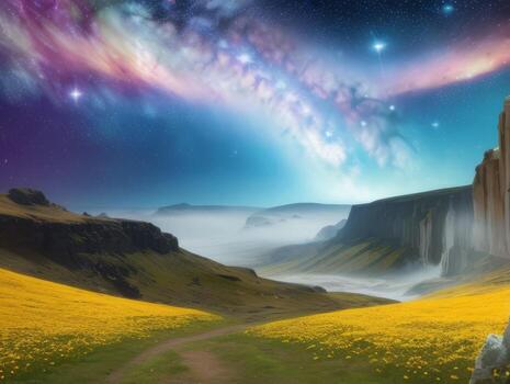 AI generated Surreal Landscape With Field and Nature Looking at the Celestial Starry Sky Majestic Background photo