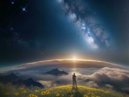 AI generated Surreal Landscape With Field and Nature Looking at the Celestial Starry Sky Majestic Background photo