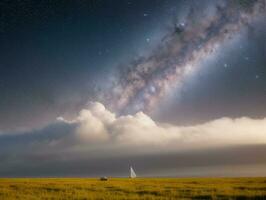 ai generado surrealista paisaje con campo y naturaleza mirando a el celestial estrellado cielo majestuoso antecedentes foto