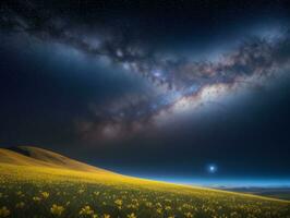 AI generated Surreal Landscape With Field and Nature Looking at the Celestial Starry Sky Majestic Background photo