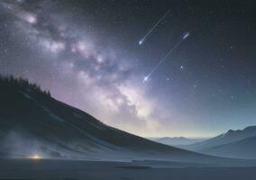 ai generado surrealista paisaje con campo y naturaleza mirando a el celestial estrellado cielo majestuoso antecedentes foto