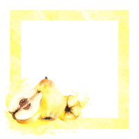 mão pintado aguarela quadrado quadro. suculento marmelo todo e cortar frutas com sementes dentro em a amarelo mancha. clipart modelo ilustração para cartão, comida, beber rótulo. png