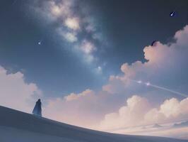 AI generated Surreal Landscape With Field and Nature Looking at the Celestial Starry Sky Majestic Background photo