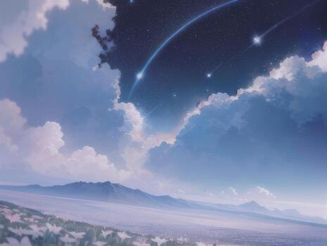 AI generated Surreal Landscape With Field and Nature Looking at the Celestial Starry Sky Majestic Background photo