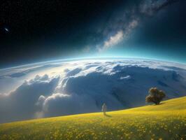 AI generated Surreal Landscape With Field and Nature Looking at the Celestial Starry Sky Majestic Background photo