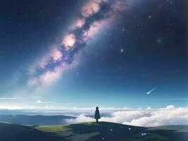 AI generated Surreal Landscape With Field and Nature Looking at the Celestial Starry Sky Majestic Background photo