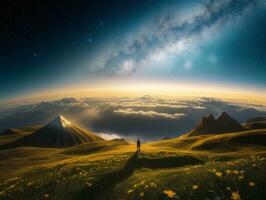 AI generated Surreal Landscape With Field and Nature Looking at the Celestial Starry Sky Majestic Background photo