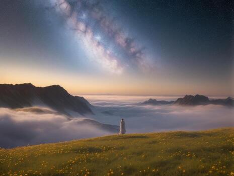 AI generated Surreal Landscape With Field and Nature Looking at the Celestial Starry Sky Majestic Background photo