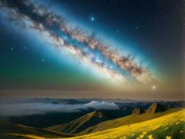 ai generado surrealista paisaje con campo y naturaleza mirando a el celestial estrellado cielo majestuoso antecedentes foto