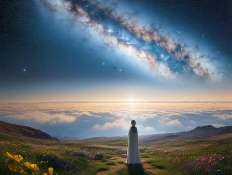 AI generated Surreal Landscape With Field and Nature Looking at the Celestial Starry Sky Majestic Background photo