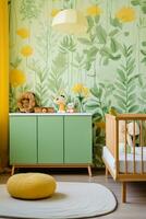 AI generated Nature's Nest Simple Elegance in Baby's Room with Nature Wallpaper photo