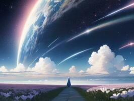 AI generated Surreal Landscape With Field and Nature Looking at the Celestial Starry Sky Majestic Background photo