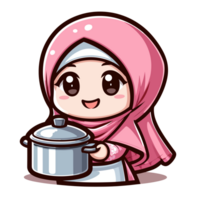 AI generated cartoon muslim girl holding a pot png