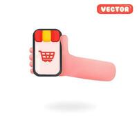 Vector cartoon mockup of a hand holding a phone. Cartoon hand holding a smartphone, in the form of a store, isolated on a white background.