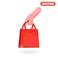 3d icon of a hand holding a shopping bag. Shopping concept, vector illustration isolated on white background. Online store design element.