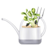 A composition of a garden watering can, a rake loosening the earth and green shoots. A tool for florists, farmers, gardeners. Equipment for watering flowers, plants, and seeds. Isolated illustration png