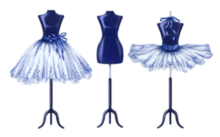 een reeks van blauw jurken voor ballerina's en prinsessen. een kostuum kleding versleten Aan mannequin. een theatraal backstage, atelier, kleding op te slaan, kleding voor mode tonen en maskerade. digitaal illustratie png