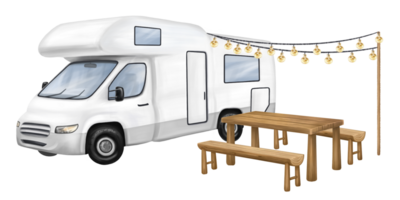 Traveling on a white motorhome. Camping in a mobile home, van, camper. A campsite in the forest with a campfire and a bench. Outdoor activities. Family leisure and holidays. Isolated illustration png