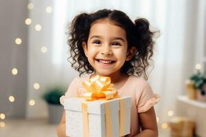 ai generado regalo desenvolviendo deleite niño sonrisas y emoción en cumpleaños felicidad foto