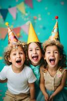 ai generado fiesta sombrero desfile niño la risa y alegría en cumpleaños felicidad foto