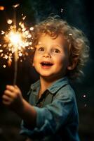 ai generado bengala maravillas niño mágico momento en cumpleaños felicidad foto