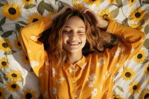 AI generated Blooming Dreams Springtime Girl in Floral Elegance Pajamas photo