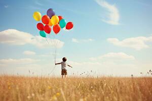 ai generado globo frenesí niño alegre persecución en un abierto campo foto