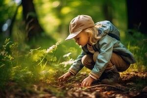 ai generado naturaleza explorador niño carroñero cazar aventuras en al aire libre Tiempo de juego alegría foto