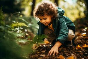 ai generado naturaleza explorador niño carroñero cazar aventuras en al aire libre Tiempo de juego alegría foto