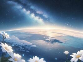 AI generated Orbiting Above Cloud Looking at the Celestial Starry Sky and Planet Far Beyond photo