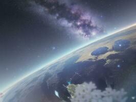 ai generado orbital encima nube mirando a el celestial estrellado cielo y planeta lejos más allá foto