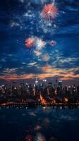 AI generated A cityscape with fireworks in the sky. New year festivities photo