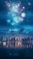 AI generated A cityscape with fireworks in the sky. New year festivities photo