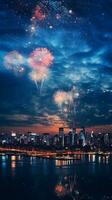 AI generated A cityscape with fireworks in the sky. New year festivities photo