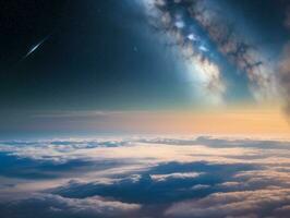 AI generated Orbiting Above Cloud Looking at the Celestial Starry Sky and Planet Far Beyond photo