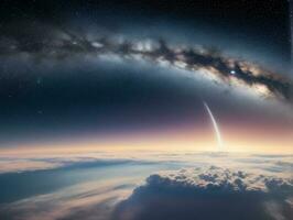 AI generated Orbiting Above Cloud Looking at the Celestial Starry Sky and Planet Far Beyond photo