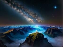 AI generated Orbiting Above Cloud Looking at the Celestial Starry Sky and Planet Far Beyond photo