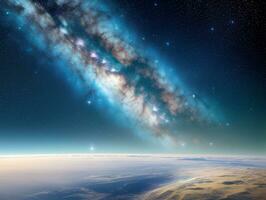 AI generated Orbiting Above Cloud Looking at the Celestial Starry Sky and Planet Far Beyond photo