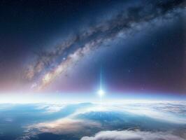 AI generated Orbiting Above Cloud Looking at the Celestial Starry Sky and Planet Far Beyond photo