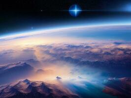 AI generated Orbiting Above Cloud Looking at the Celestial Starry Sky and Planet Far Beyond photo