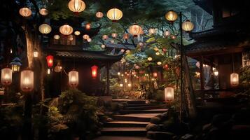 AI generated A beautiful night out is lit up with paper lanterns, in the style of otherworldly scenes. photo