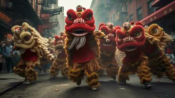 ai generado un grupo de chino león bailarines realizar en un calle. Dongzhi festival. generativo ai foto