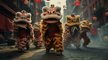 AI generated A group of chinese lion dancers perform in a street. Dongzhi Festival. Generative AI photo