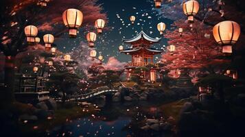 AI generated Cityscape Illuminated by Lanterns and Neon Lights at Night photo