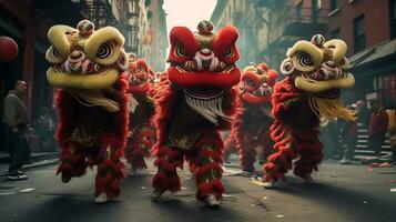 ai generado un grupo de chino león bailarines realizar en un calle. Dongzhi festival. generativo ai foto