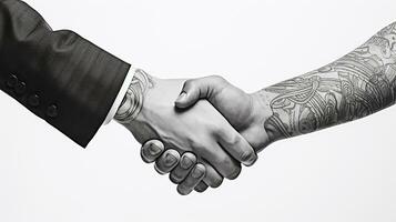 ai generado tatuaje apretón de manos dos empresarios significa exitoso acuerdo blanco antecedentes. generativo ai foto