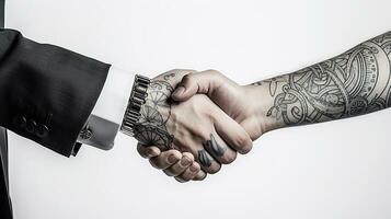 AI generated Tattoo Handshake two businessmen signifies successful agreement White Background. Generative AI photo