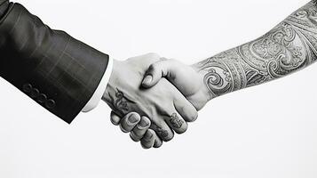 AI generated Tattoo Handshake two businessmen signifies successful agreement White Background. Generative AI photo