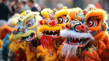 ai generado un grupo de chino león bailarines realizar en un calle. Dongzhi festival. generativo ai foto